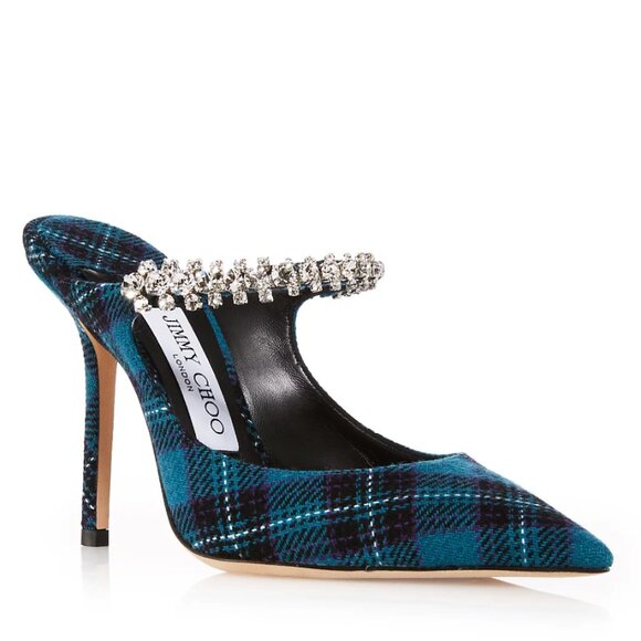 Jimmy Choo Bing 100 Mules Tartan Fabric Crystal Embellished Pointed Toe - Picture 1 of 11